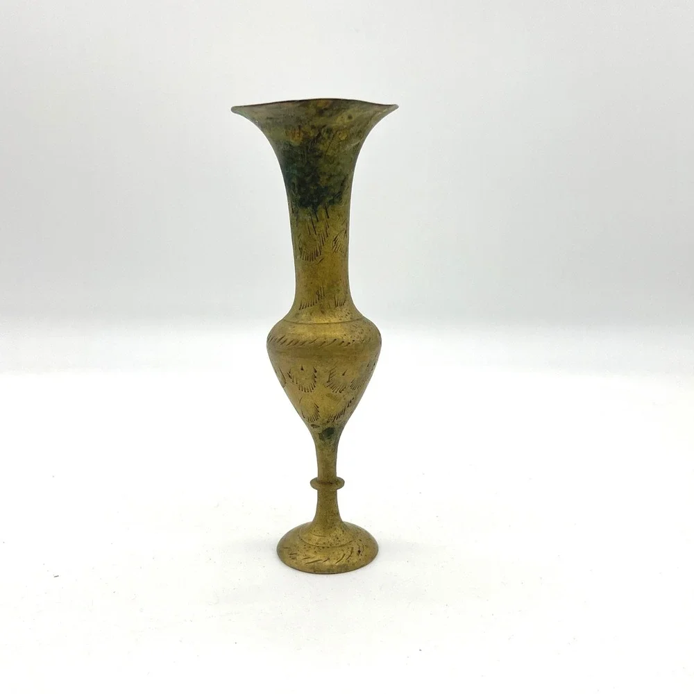 Vintage Brass Etched Bud Vase‎ Elegant Trumpet Neck Pedestal Base